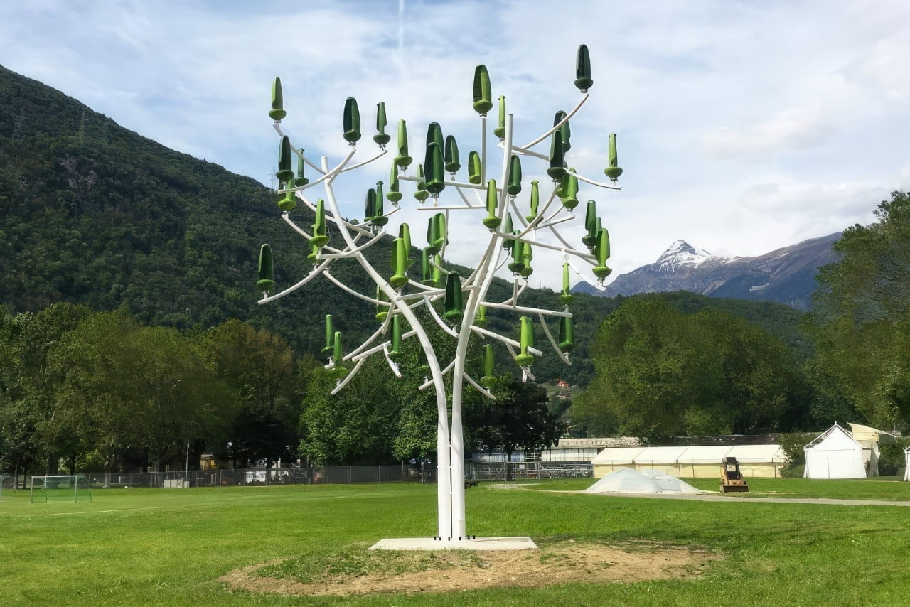 Trending Now: A tree with solar panels and wind turbines provides clean, sustainable energy
